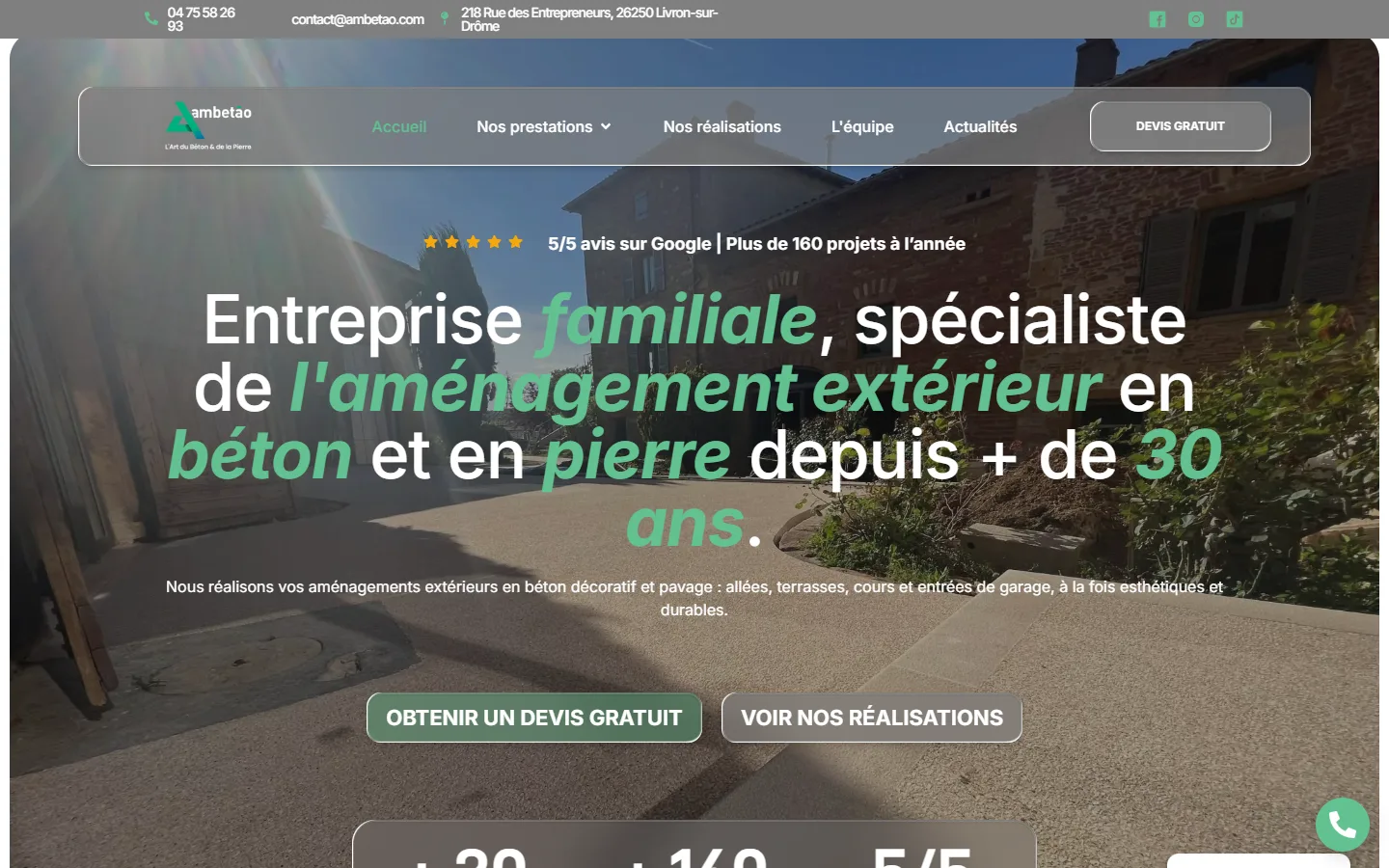 Page d'accueil du site ambetao.com : entreprise familiale spécialiste de l'aménagement extérieur en béton et en pierre