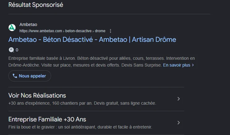 Annonce Google d'Ambetao sur la recherche béton désactivé Valence
