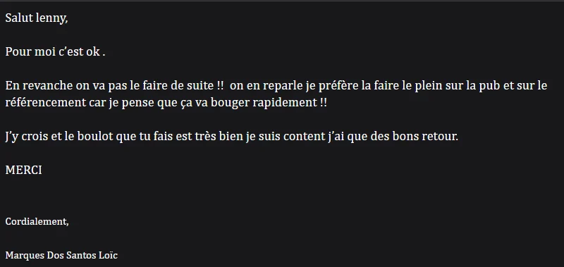 E-mail de Loïc Marques, dirigeant d'Ambetao : « le boulot que tu fais est très bien, je suis content »