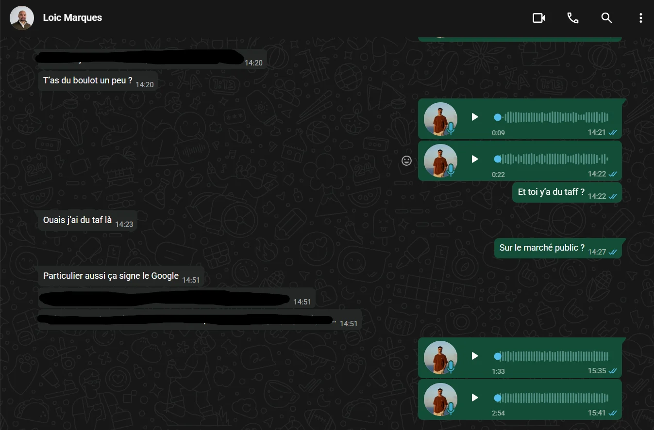 Conversation WhatsApp avec Loïc Marques : « Particulier aussi ça signe le Google »